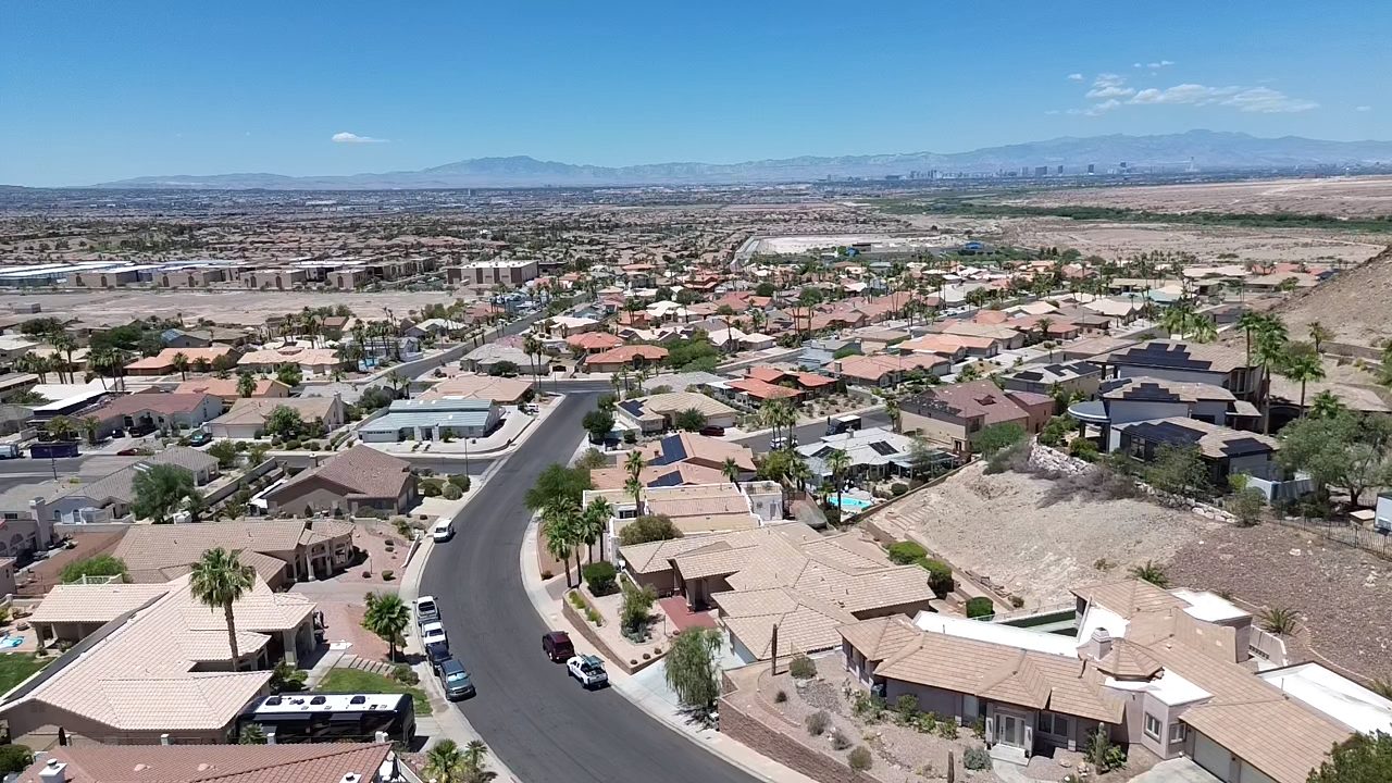 Aerial drone view of Las Vegas hillside community