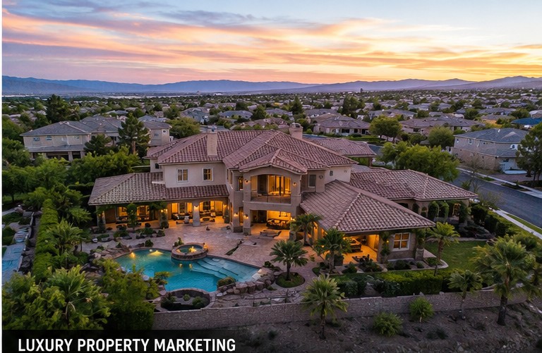 Aerial drone real estate photo at sunset