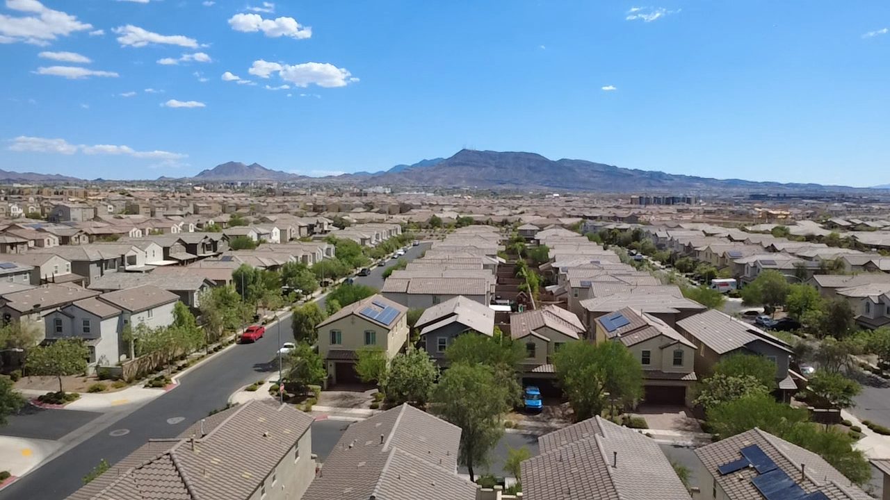 Aerial drone view of Las Vegas housing development and rooftops