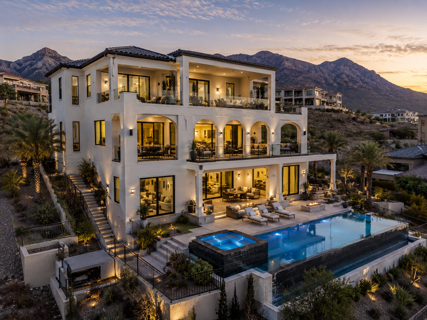 Aerial drone view of 3-story luxury home roof inspection Las Vegas