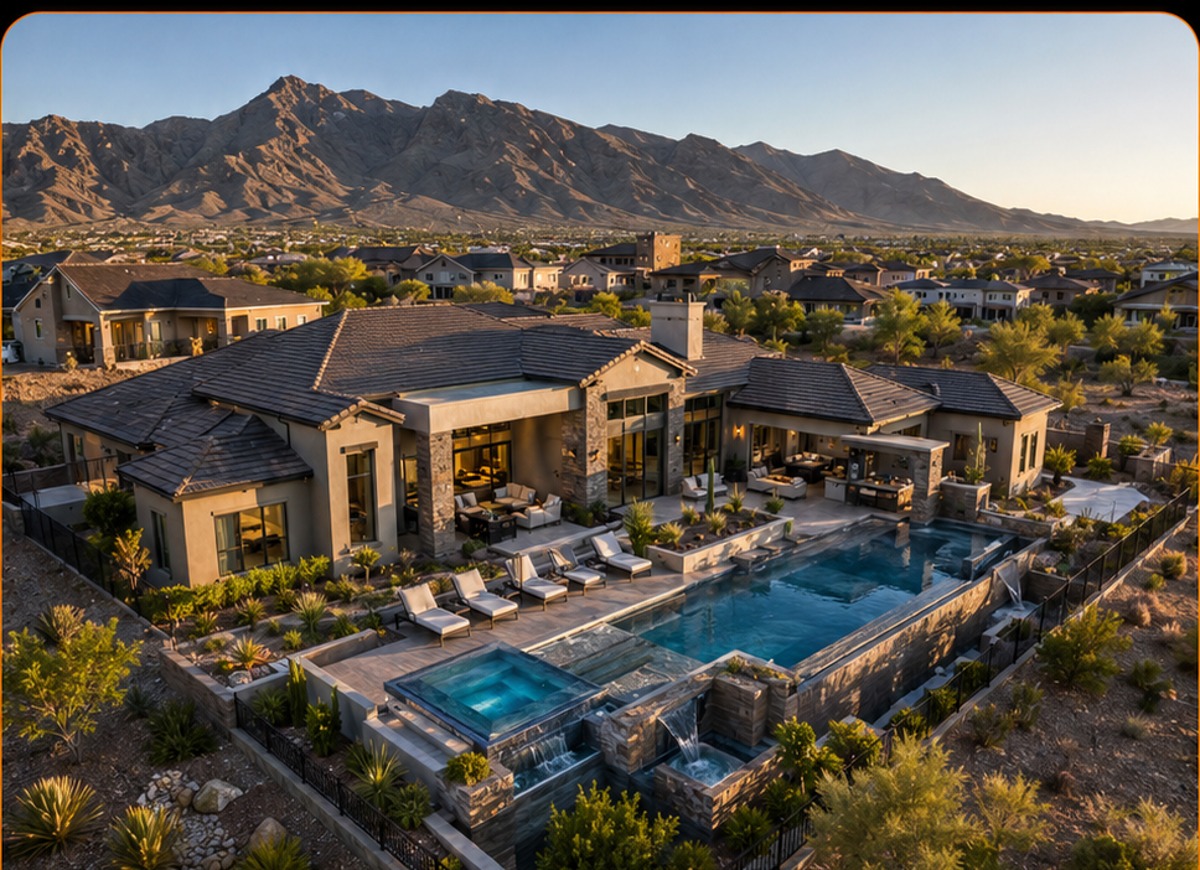 Side-angle luxury Las Vegas real estate drone photo with pool and mountain views