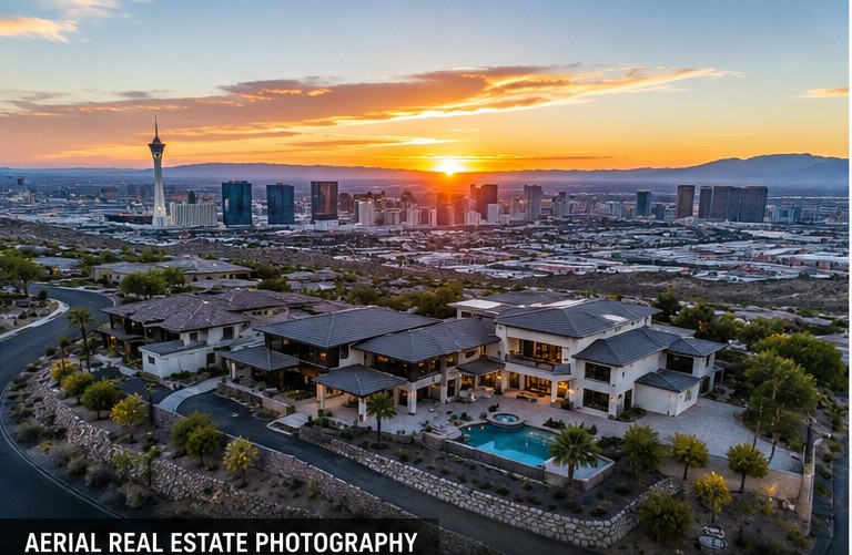Aerial drone real estate photo with Las Vegas skyline