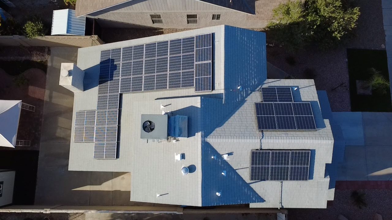 Aerial drone roof inspection of Las Vegas residential roof